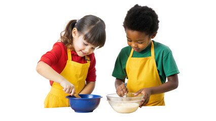 Two kids cooking together, transparent background