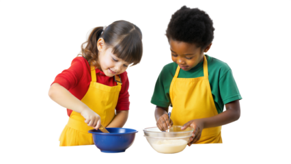 Two kids cooking together, transparent background