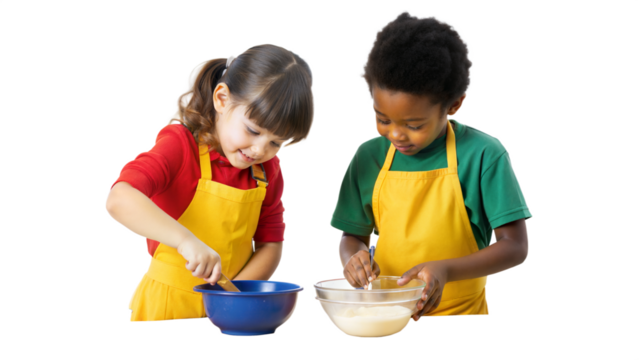 Two kids cooking together, transparent background