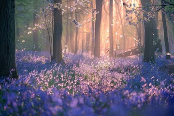 Golden sunlight is shining through a forest full of bluebell flowers