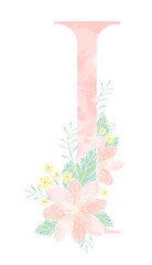 Floral watercolor painting decorative initial alphabet monogram design with flowers, and leaves in elegant capital word letter i