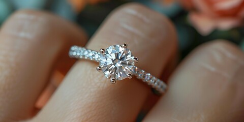 Softly Lit Floral Background with Bride's Diamond Ring, generative ai