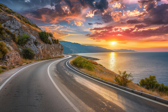 Scenic coastal highway at sunset with a winding road, colorful sky, and Mediterranean beach views
