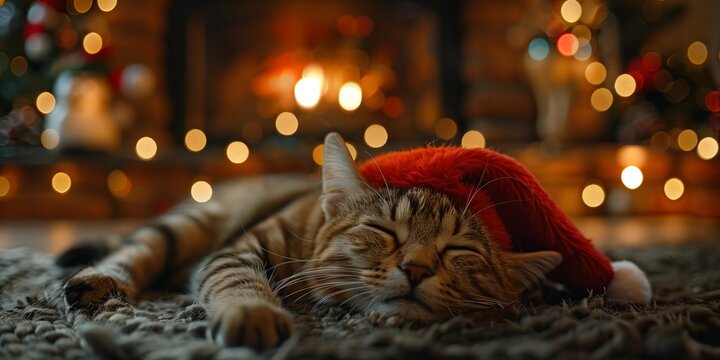 Warm and Fuzzy: Yuletide Cat in Front of Fireplace, generative ai