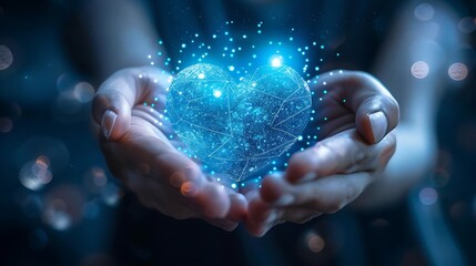 Conceptual background image with digital heart hologram over female hands