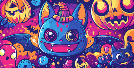 Fototapeta premium halloween doodle art, festive halloween doodle with cute vampires, spooky bats, and candy, adding a playful and bright vibe to your holiday fun