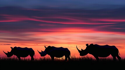 Fototapeta premium Rhinoceroses against the background of sunset, silhouettes