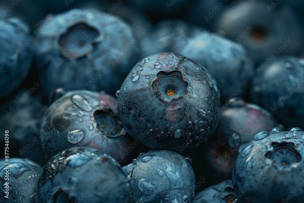 Poster freshly washed blueberries are piled on top of each other, creating a textural background with lots 
