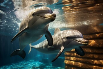 Group of playful dolphins joyfully swimming together underwater in the sunlit. Clear marine environment