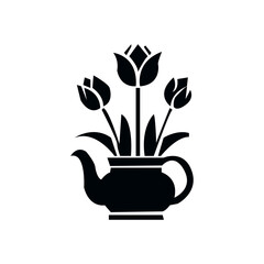 Cute tulip with pot silhouette icon on a white background.