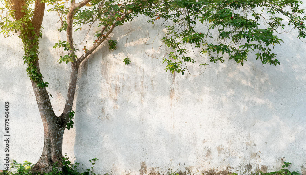 Poster table and chairs sitting in front of a wall with a shadow of a tree on it and a potted plant