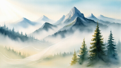 Fototapeta premium Serene Mountain Landscape with Morning Fog in Soft Oil Paints