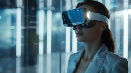 Businesswoman with virtual reality glasses looking at virtual screen