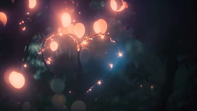A tree formed in a heart shape with glowing lights in the background, Glowing lights illuminating a heart silhouette against a dark background