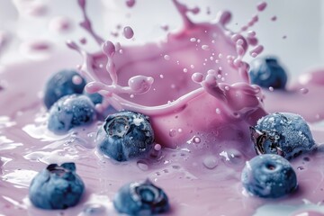 Frozen blueberries covered with drops of yogurt making a splash