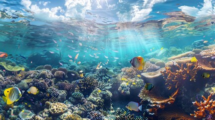 Fototapeta premium School of fish and vibrant coral reefs in underwater photography.