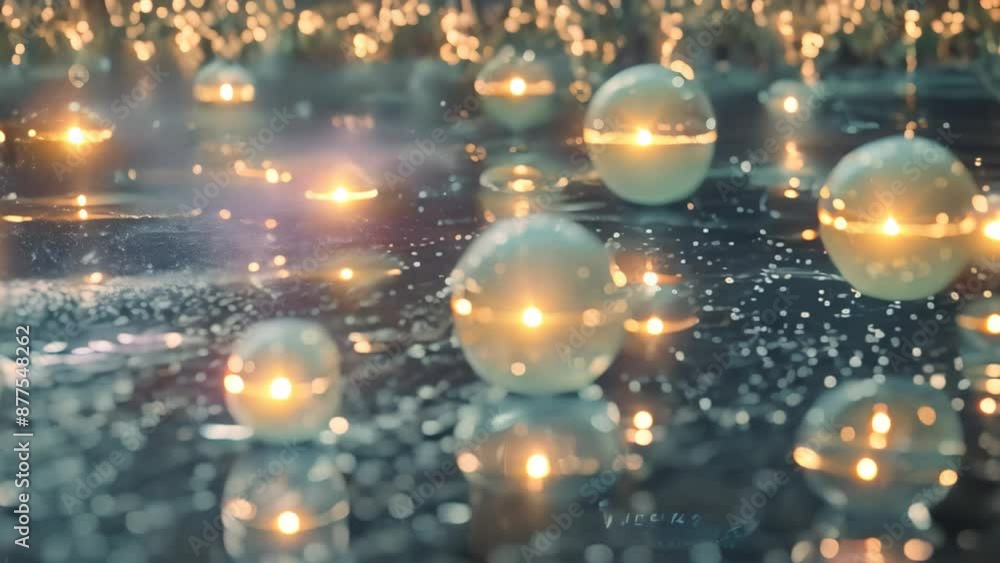 Poster Glowing orbs displayed on a computer monitor amidst binary code, Glowing orbs of light floating in a sea of binary code