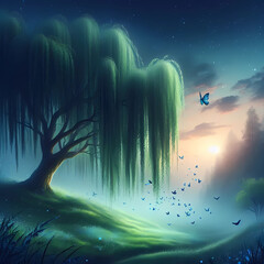 A serene and enchanting twilight scene featuring a sprawling weeping willow tree, its leaves gently touching the ground.