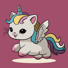 Hand-drawn Cat Unicorn Flying Cartoon Illustration.Animal Wildlife Icon Concept