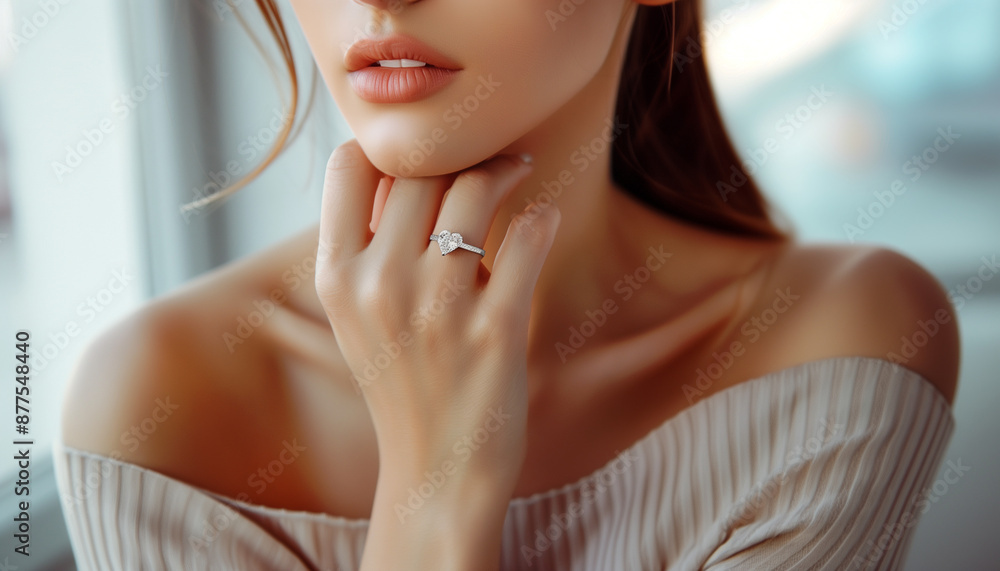 Wall mural elegant woman wearing diamond ring. beautiful jewelry and accessory business banner concept.