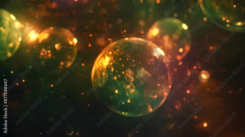 Poster glowing soap bubbles float against a dark background, creating a mesmerizing visual effect, glowing 
