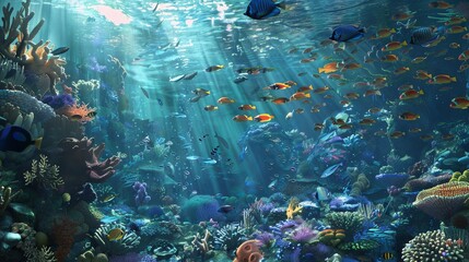 Naklejka premium Tropical fish on a coral reef, underwater wildlife panorama.