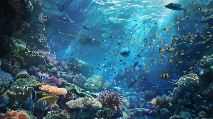 Fototapeta premium Tropical fish on a coral reef, underwater wildlife panorama.