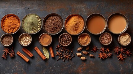 spice infusion, an array of rich spices with cardamom, cinnamon, and cloves next to a pot of brewing masala chai, a soul-warming traditional indian drink