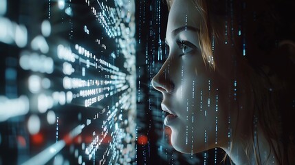 Close-up portrait of a young woman with a binary code on the background of the city