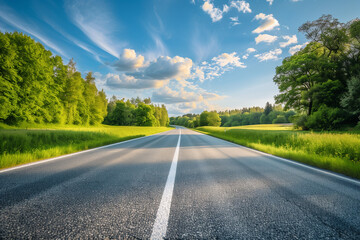 Fototapeta premium Traveling along a tranquil asphalt road, passing through picturesque countryside and distant horizons