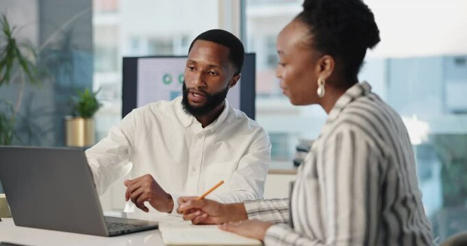 Laptop, business people and team training, brainstorming or writing notes at creative startup. Computer, mentor and African manager teaching worker analysis, data or stats with ux researcher learning