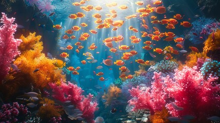 Colorful tropical fish swim among the coral reef in the wild.