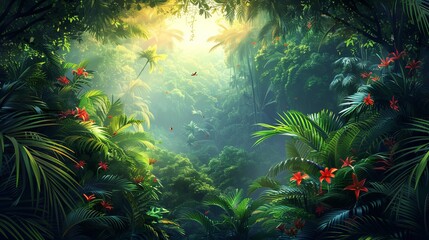 Fototapeta premium Tropical forests with exotic animals and plants.