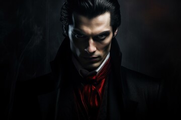 Fototapeta premium Portrait of a man with intense gaze, draped in shadows and smoke for a dramatic effect