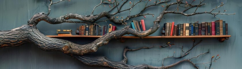 Naklejka premium Intricate shelf design featuring books on a tree branch, offering unique home decor inspiration