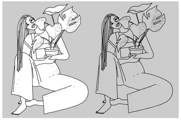 femme noire plante dans les bras sourire tresses salopette assise vecteur