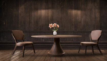 Old wood table with blurred concrete block wall in dark room background.