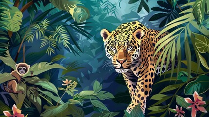 Naklejka premium Jungle with exotic animals and dense vegetation.