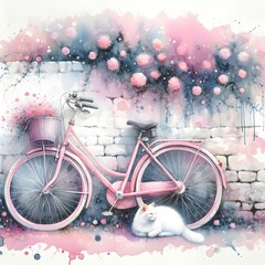 A retro pink bicycle leans against a stone wall with pink flowers and a white cat