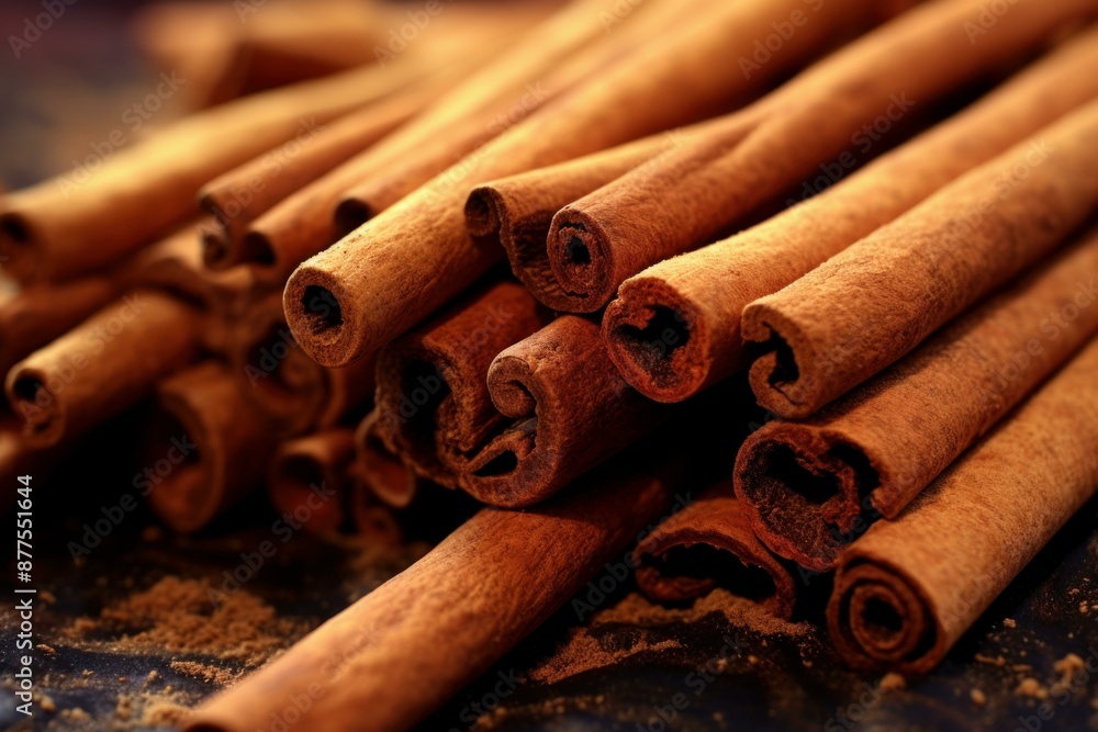 Poster close-up macro photography of aromatic cinnamon sticks on a rustic. dark background with selective f