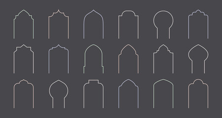 Ramadan Kareem and Eid Mubarak islamic arch, window, door, gate. Thin line vector frame shape