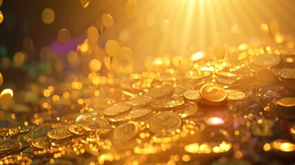 A heap of gold coins gleaming under sunlight on the ground, Golden coins shimmering in the sunlight - Powered by Adobe