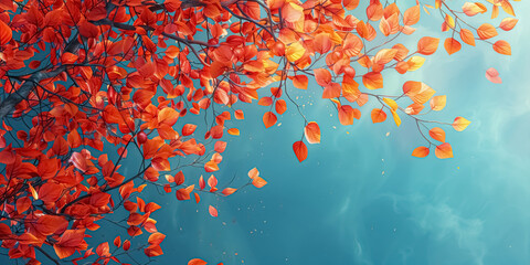 Colorful autumn tree with red, orange and yellow leaves against a blue sky background. An autumn concept nature template for design or presentation.