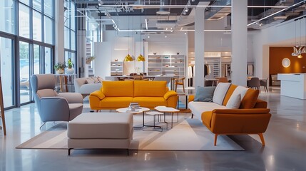 Modern furniture store interior with stylish sofas, armchairs, and decor in a spacious, well-lit showroom.
