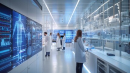 Scientists working in futuristic laboratory. Blur image. AI generation
