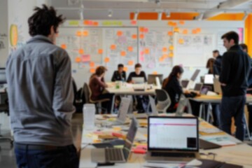 Blurred office team brainstorming session. AI generation