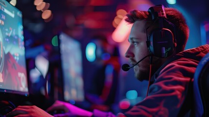 Fototapeta premium A commentator passionately describing the action during a live esports broadcast