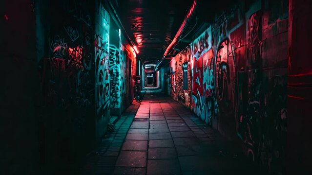 Dimly lit alley with walls covered in graffiti depicting various designs and colors, Graffiti-covered walls in a dimly lit corner