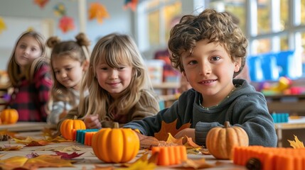 Children engaged in autumn crafts with pumpkins and leaves, smiling and having fun in a classroom setting