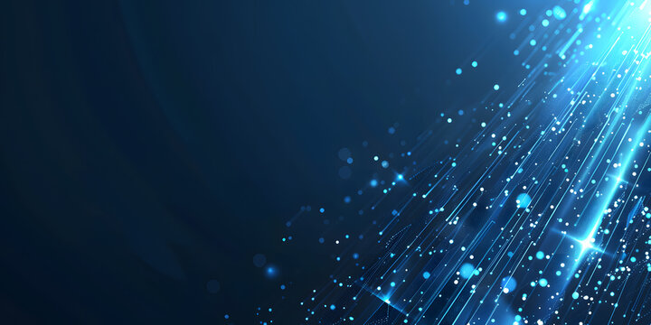 A deep blue background with abstract digital light streaks, ideal for technology, data science, and digital media projects. Key keywords cyber, futuristic, glow, modern, network